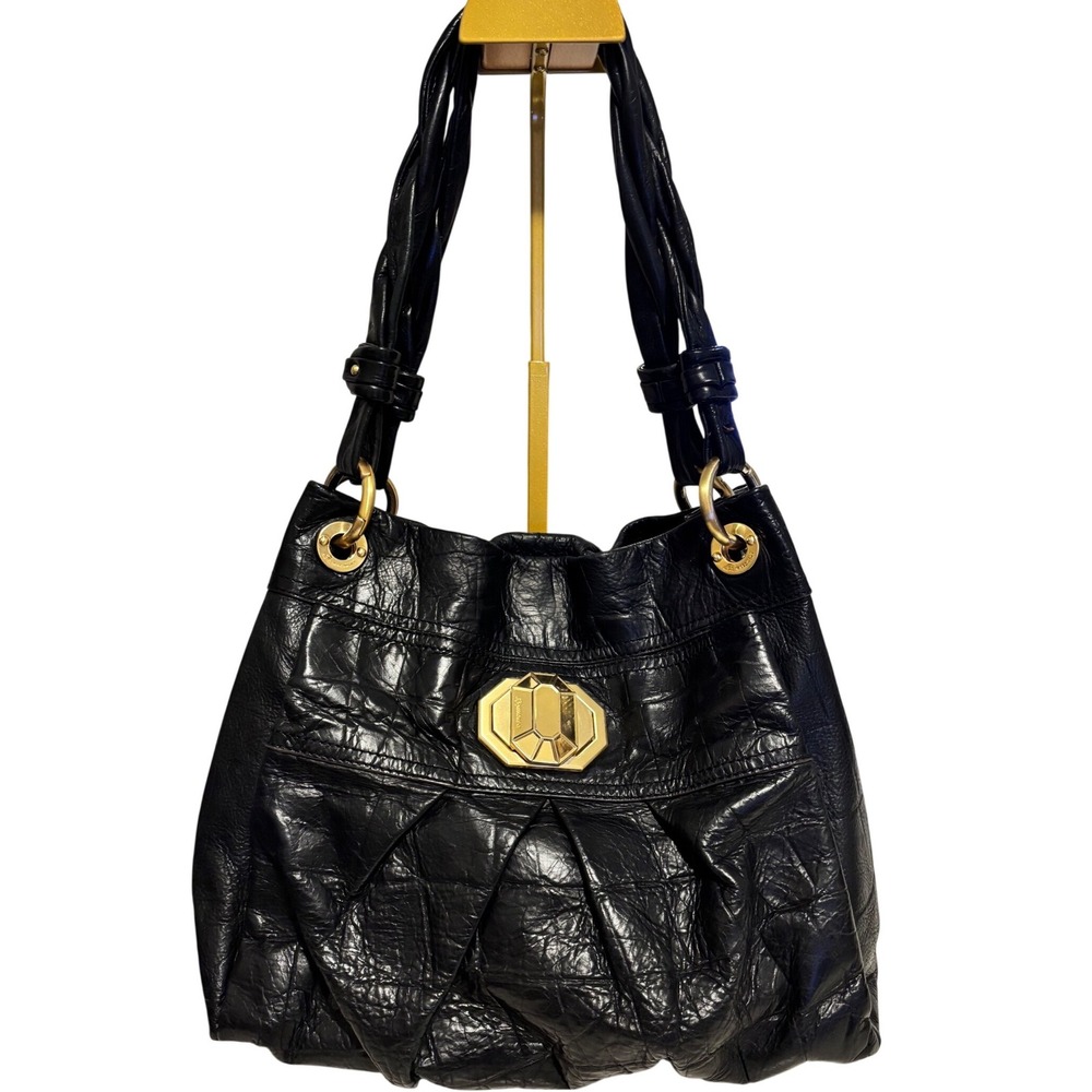 B. Makowsky Hobo Bag Women Large Black Croc Embossed Leather Gold Hardware Y2K